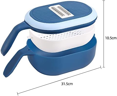 Blue 6-in-1 Vegetable Slicer and Grater with Drain Basket – Multifunctional Kitchen Mandoline Cutter for Slicing, Shredding, Grating – Includes 6 Blades – Wash & Cut Integrated Design