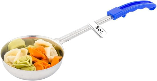 Restaurantware Met Lux 8 Ounce Portion Ladle 1 Perforated Portion Serving Spoon - Blue Handle Dishwashable Stainless Steel Slotted Serving Utensil Multipurpose For Serving Pasta