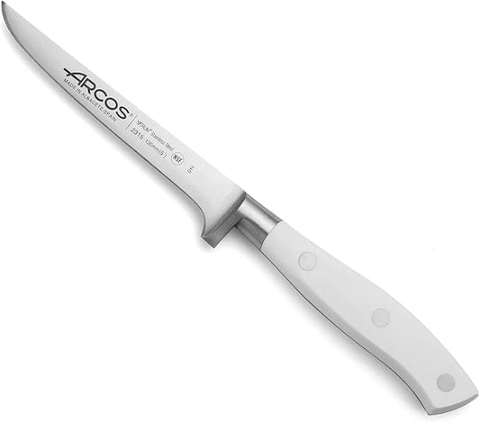 Arcos Boning Knife 5 Inch Nitrum Stainless Steel and 130 mm blade. Professional Butcher Knife to Slice Bones from Meat. Ergonomic Polypropylene Handle. Series Riviera Blanc. Color White