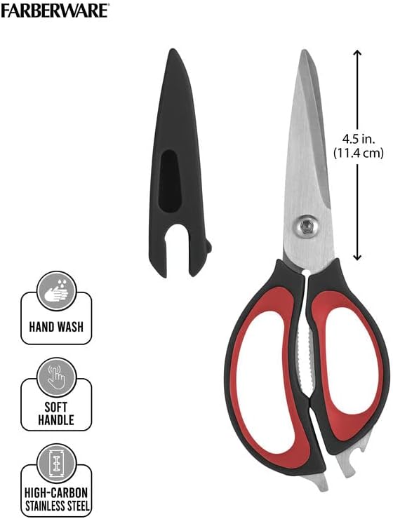 Farberware 4-in-1 Kitchen Scissors with Sheath, Multi-Use Kitchen Shears for Cutting, Jar Opener, Bottle Opener, Flathead Screwdriver - Stainless Steel Blades, 2-Piece Set (Black/Red)