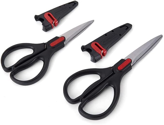 Farberware All Purpose and Utility scissors with Edgekeeper Sharpening Sheaths, Strong and Durable Multi Use Scissors, 2-Piece, Black/Red