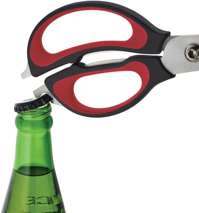Farberware 4-in-1 Kitchen Scissors with Sheath, Multi-Use Kitchen Shears for Cutting, Jar Opener, Bottle Opener, Flathead Screwdriver - Stainless Steel Blades, 2-Piece Set (Black/Red)