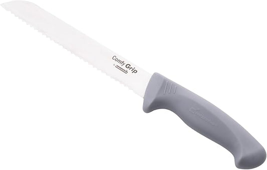 Restaurantware Comfy Grip 8 Inch Bread Knife 1 Sharp Serrated Knife - Ergonomic Handle Non-Slip Grip Gray Stainless Steel Bread Cutting Knife Dishwashable Slice All Types Of Bread