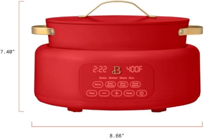 Beautiful 10-in-1 Electric Multi-Cooker by Drew Barrymore, 6-quart, digital display, 10 cooking functions, non-stick pot, easy one-touch control (Tomato Red)