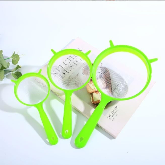 3 PCS/Set Flour Sifter with Long Handle, Plastic Hangable Flour Colander Powder Filter Strainer Fine Mesh Colander Coffee Filter Tea Strainer, Strainers and Colanders and Food Strainers（Green）