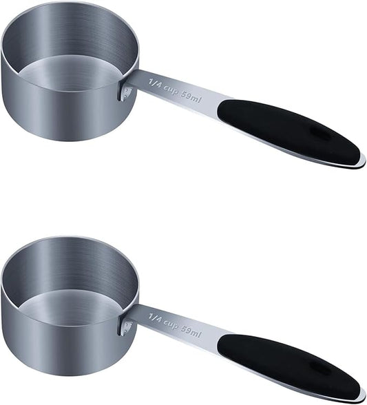 2PCS 1/4Cup (59ml, 2oz) Single Measuring Cup with Black Silicone Grip, Stainless Steel Individual Measure Scoop Only