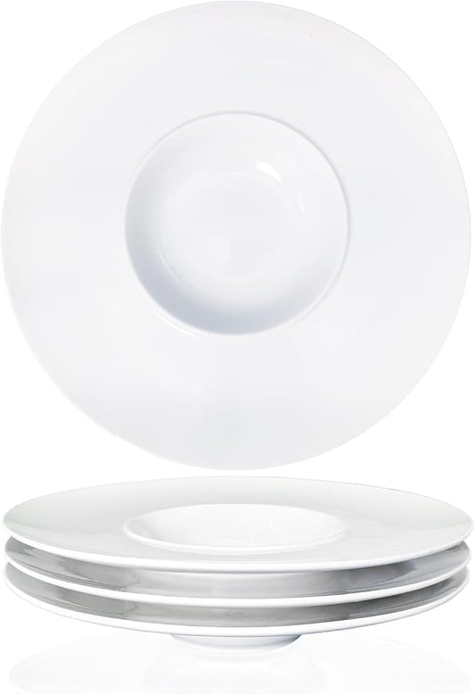 Ceramics Rimmed Soup Bowls 8.8 oz, White 11.6 inch Exquisite small soup plate Set of 4, Pasta plates With Rim is the best choice for hotels, kitchens, fine restaurants and gourmets