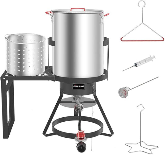 Fire Riot 30Qt Turkey Fryer with Basket, Outdoor Propane Deep Fryers Burner Stand, 50,000BTU Cast Iron Burner, Steamer and Seafood Boiler Set, Black