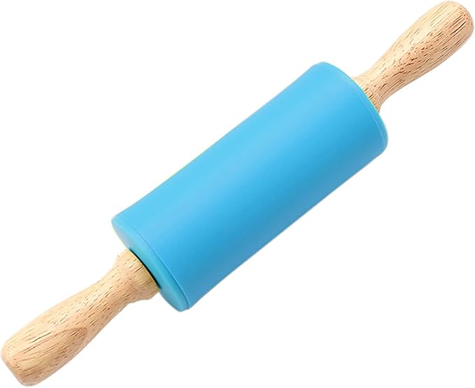 Silicone Rolling Pin, Blue 9 Inch Pin with Wooden Rotatable Handle for Dough of Baking Bread, Cookie, Pizza (blue, 9 inch)