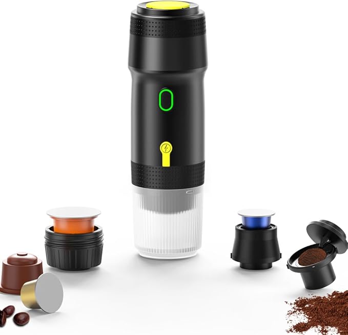 Chefnificent Portable Espresso Maker – 20 Bar Pressure Mini Coffee Machine, Battery Operated, Compatible with Ground Coffee and Select Pods, Includes Car Charger, for Hot & Iced Coffee (Black)