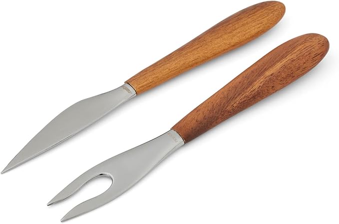 nambe Curvo Cheese Set | Cheese Knife and Fork Utensil Set for Charcuterie Board | Made of Stainless Steel and Acacia Wood | Designed by Steve Cozzolino