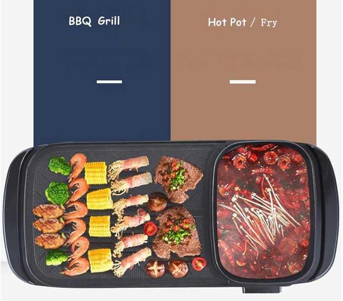 Electric 2 in 1 Grill with Shabu Shabu Hot Pot. Multifunctional Indoor Teppanyaki Korean BBQ Capacity for 2-10 People