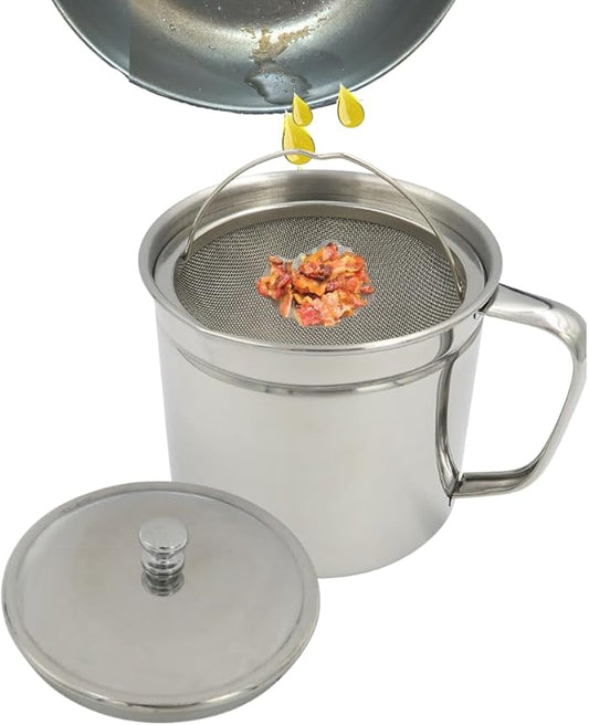 Evelots Cooking Oil Storage Can-Bacon Grease Keeper-Stainless Mesh Strainer-Easy Grip Handle-Large 5 Cup Fat Storage
