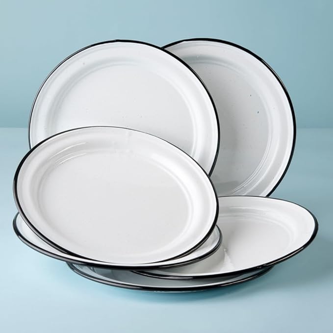 Cinsa 10-Inch Enameled Steel Dinner Plate Set, Indoor/Outdoor Use - Set of 6 Fire & Oven Safe Everyday Dinnerware, Lightweight & Ideal for Camping, Kitchen - Dishwasher Safe (Speckled White)