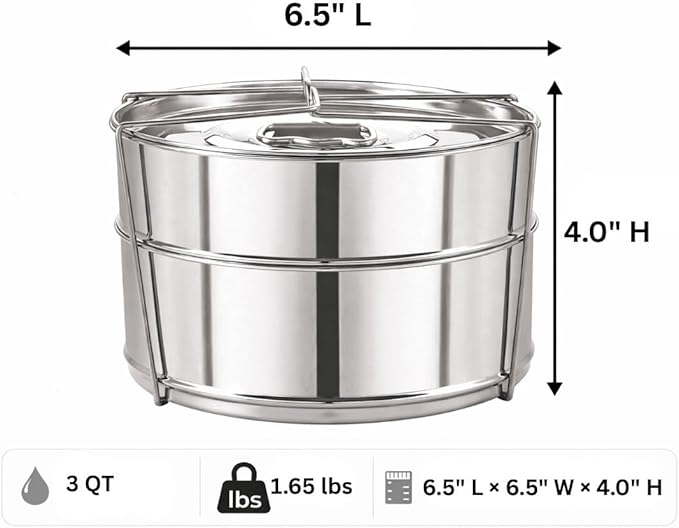 Stackable Stainless Steel Insert Pans - 3QT- Inserts for Instant Pot - Pan for Instapot - Accessories for Instant Pot 3QT and above - Pressure Cooker Steamer Accessories