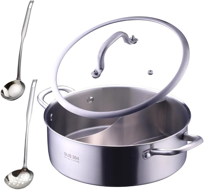 BOOTLION 11.8 Inch Stainless Steel Shabu Hot Pot with Divider, Glass Lid Dual Sided Stockpots, Slotted Spoon and Soup Ladle for Induction Cooktop Gas Stove，Dishwasher safe (Silver)