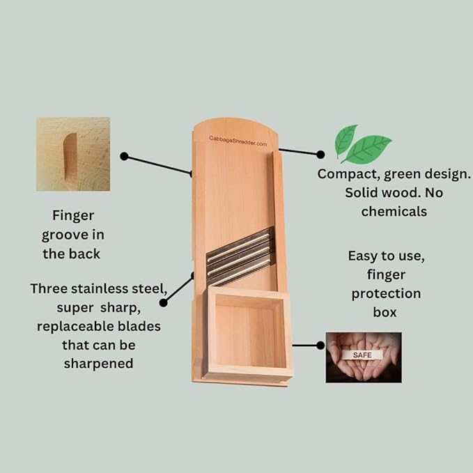 Wooden Cabbage Shredder, Mandoline Slicer for Sauerkraut, Coleslaw. Finger Protection Box, Cut Resistant Glove. Pre-Oiled. Made in Poland!