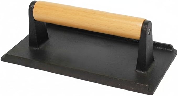 TrueCraftware- 5" X 9" Cast Iron Steak Weight with Wooden Handle- Grill Press Bacon Press Meat Steak Sandwich for Griddle Grill Press Burger Press Griddle Press