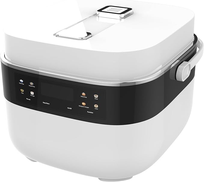 Akureo 3L Smart Rice Cooker, 6-Cup Uncooked, Fuzzy Logic, Stainless steel spherical inner pot with non-stick ceramic glaze coating, Keep Warm, White