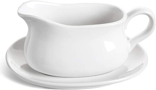 LE TAUCI 17oz Gravy Boat with Saucer Stand, Set of 1, Ceramic Sauce Boat with Tray for Salad Dressings, Creamer, Broth, Black Pepper, White