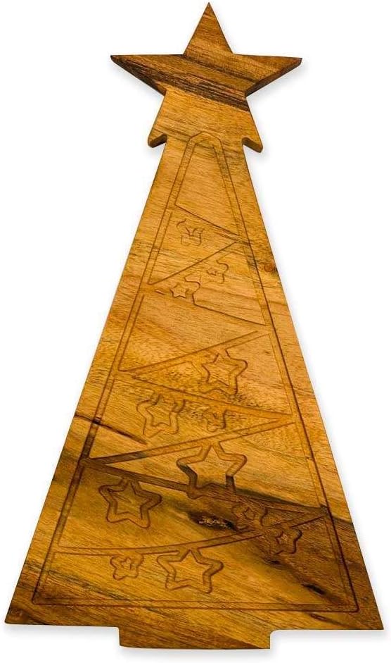 Treen Art Wooden Christmas Cutting Board for Kitchen Decor, 14.5"L x 8.5"W Star Tree Shaped Acacia Wood Chopping Board with Juice Grooves, Serving Charcuterie Platter
