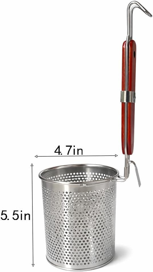 2 Pcs Stainless Steel Pasta Basket with Wood Handle Pasta Strainer Kitchen Mesh Spider Noodle Strainer Skimmer Food Dumpling Noodle Blanching Basket