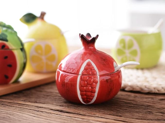 Ceramics Fruit Shaped Sugar Bowl Salt Pot Pepper Storage Jar with Lid and Spoon Seasoning Box Condiment Pots (Red Pomegranate)