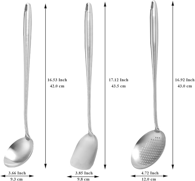 Berglander Wok Spatula Set, Stainless Steel Kitchen Cooking Utensils - 17" Wok Tools: Spatula, Ladle, Skimmer