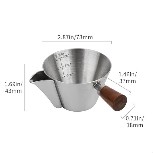 watchget 3.4oz/100ml Crema-Removed Espresso Shot Cup with Wooden Handle Stainless Steel Espresso Measuring Cup Espresso Shot Pitcher with V-Shaped Mouth for Barista Cafe Home
