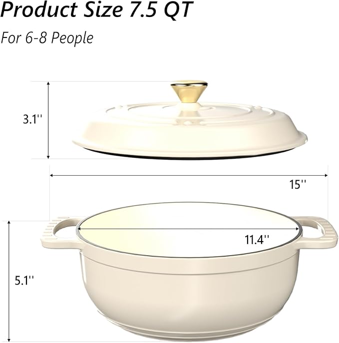 VINGLI 7.5QT Enameled Cast Iron Round Dutch Oven Pot with Lid, NonStick Casserole Pot with Dual Handles & Silicone GlovesRed, Oven Safe up to 500°F or on Stovetop, Dutch Oven for Bread Baking, White