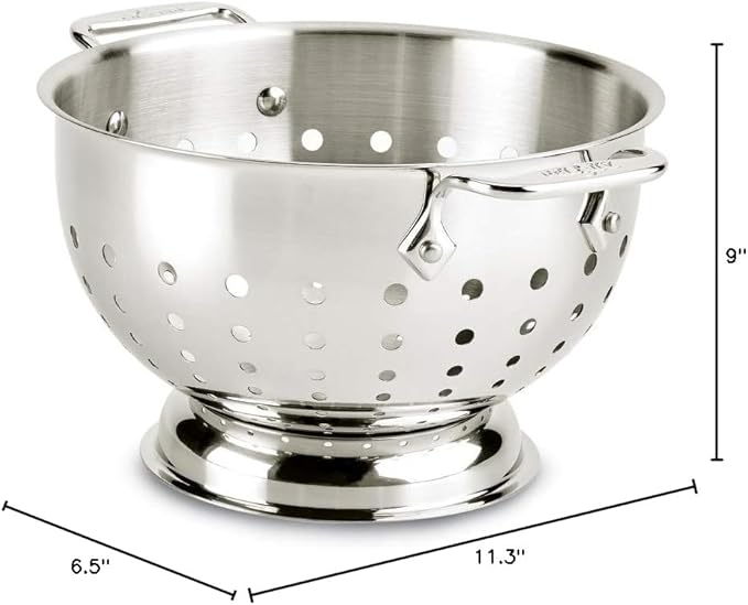 All-Clad Tools and Accessories Stainless Steel Colander 3 Quart Strainer, Pasta Strainer with Handle, Pots and Pans Silver