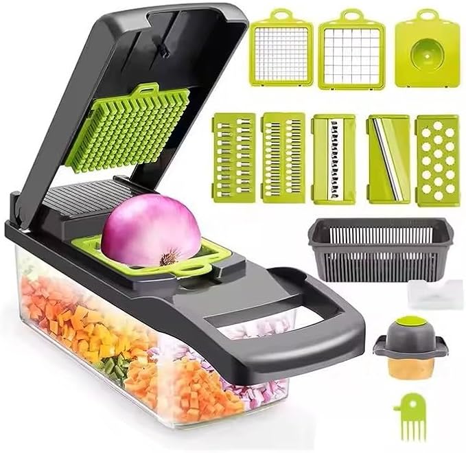 DOSTDR - Vegetable Chopper, Mandoline Slicer, Veggie Chopper, Food Chopper with Container, Vegetable Cutter for Onion Salad Vegetable Chopper, Fruit Slicer, Shredding, Multi-Function (Gray Green)