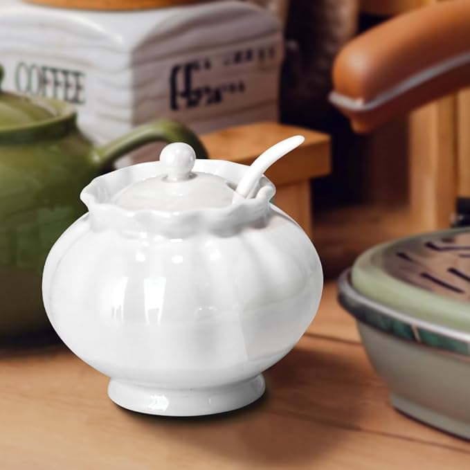Iridescent Sugar Bowl with Lid and Spoon, Ceramic Sugar Bowl, 9oz Sugar Jar for Coffee Bar, Salt Box Sugar Containers for Seasoning, Spice, Sauce, Elegant Decor for Kitchen Countertop