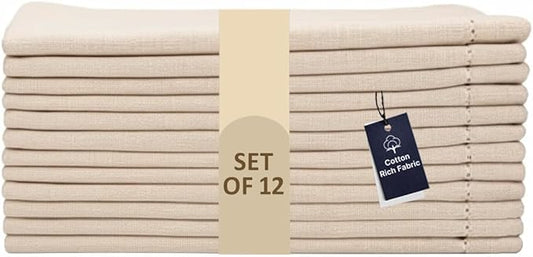 LFH Home Cloth Dinner Napkin Textured Cotton Flax Linen Hemstitched Napkin Set of 12, Machine Washable for Farmhouse, Living Room, Christmas, Family Gathering, 18x18 Inch Natural