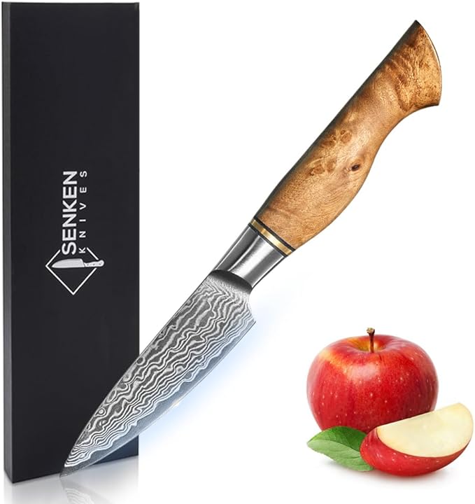 SENKEN 3.5" Damascus Steel Paring Knife - Dynasty Collection - 67-Layer Japanese VG10 Steel with Sycamore Wood Handle, Razor Sharp Double Bevel 15° Edge