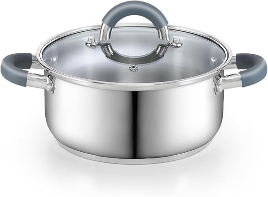 Cook N Home 3-Quart Stainless Steel Pot, Small Stock Pot with Glass Lid, Basics Saucier Casserole Stockpot, Stay-Cool Silicone Handles