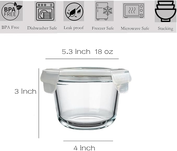 2 Cup Round Glass Food Storage Containers with Airtight Lids,18oz Round Glass Soup Container, BPA free food storage containers for Soup, Leftover. Microwave, Freezer, Dishwashe safe-4pack