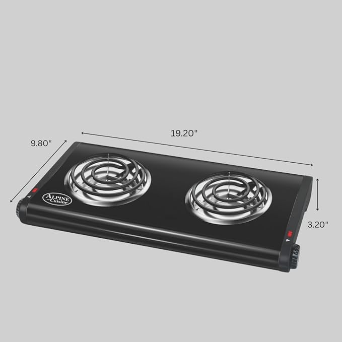ALPINE CUISINE Electric Double Burner, 1500W, Dual Plate Portable Hot Plate for Indoor Cooking, Adjustable Temperature Control, Compact Design, 120V, Ideal for Home, Dorm, RV, or Travel Use