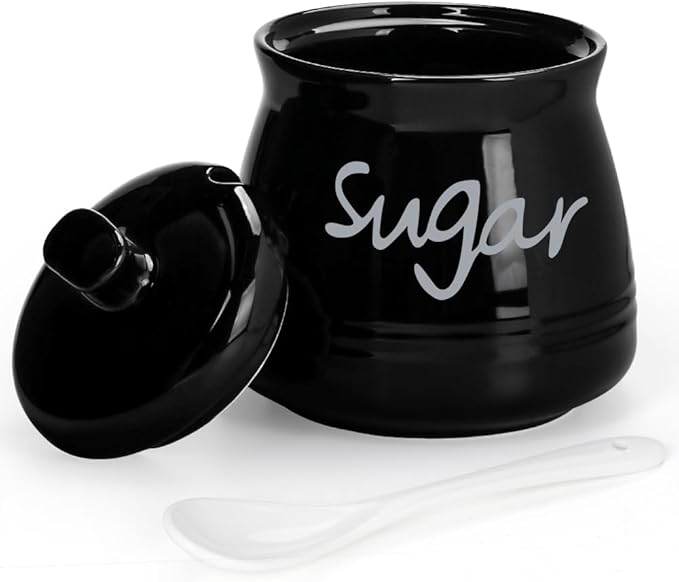 Porcelain Sugar Bowl with Lid and Spoon, 12 Ounces Ceramic Sugar Storage Jar, Sugar Container for Home and Kitchen (Black)