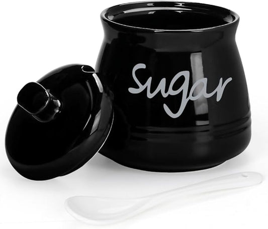 Porcelain Sugar Bowl with Lid and Spoon, 12 Ounces Ceramic Sugar Storage Jar, Sugar Container for Home and Kitchen (Black)