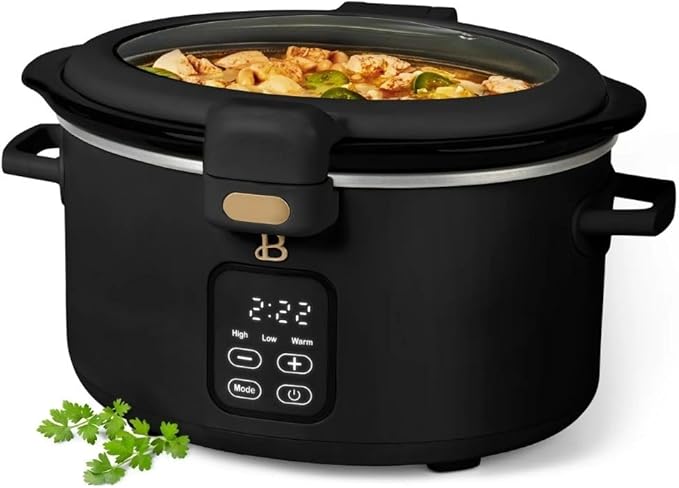 Beautiful by Drew 4.0-Quart Programmable Slow Cooker with Hinged Lid, Digital Timer, Keep Warm Function, Removable Stoneware Pot, Stainless-Steel Accents (Black)