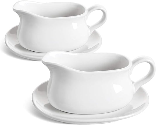 LE TAUCI 17oz Gravy Boat with Saucer Stand, Set of 2, Ceramic Sauce Boat with Tray for Salad Dressings, Creamer, Broth, Black Pepper, White