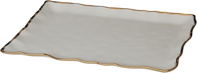 Regency Gold Porcelain Rectangular Platter with Scalloped Edges, Metallic Gold Rim, 16x11.75in, Elegant Serving Dish for Appetizers, Desserts & Buffet, Durable Dinnerware for Entertaining & Everyday