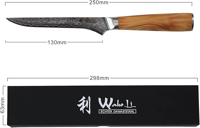 Wakoli Oribu Damascus Boning Knife – Full Tang Kitchen Knife | 5.5-Inch Blade Made of 67-Layer Genuine Damascus Steel with AUS-10 Core | Ergonomic Olive Wood Handle | Sharp & Durable