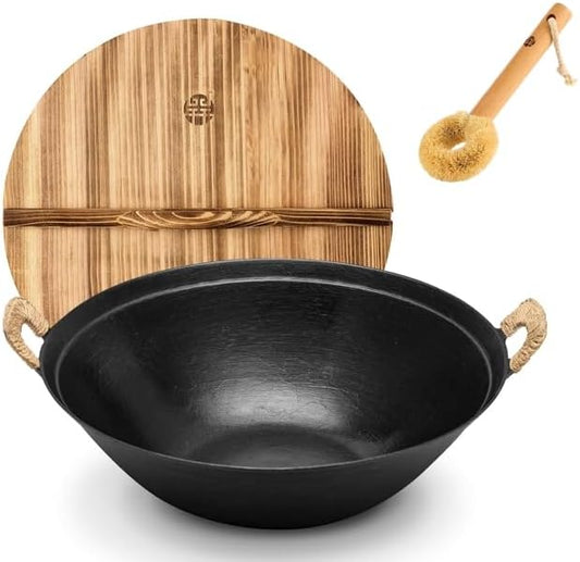 WANGYUANJI Cast Iron Wok Pan,13.4 inch Cooking Wok Stir Fry Pan with Dual Handle and Wooden Lid,Suitable for All Cooktops,Uncoated Chinese Traditional wok