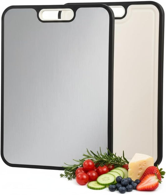 Stainless Steel Cutting Board for Kitchen, Double Sided Cutting Board, Pure Food Grade Stainless Steel and Wheat Straw PP, Easy to Clean, Large Size 16"×11"