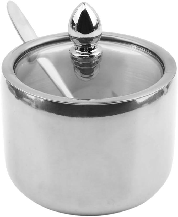 10oz Sugar Bowl with Lid and Spoon, Durable Sugar Pot for Coffee Bar Accessories, Stainless Steel Holder Jar for Salt, Tea, Candy, Home and Kitchen Storage(Silver)