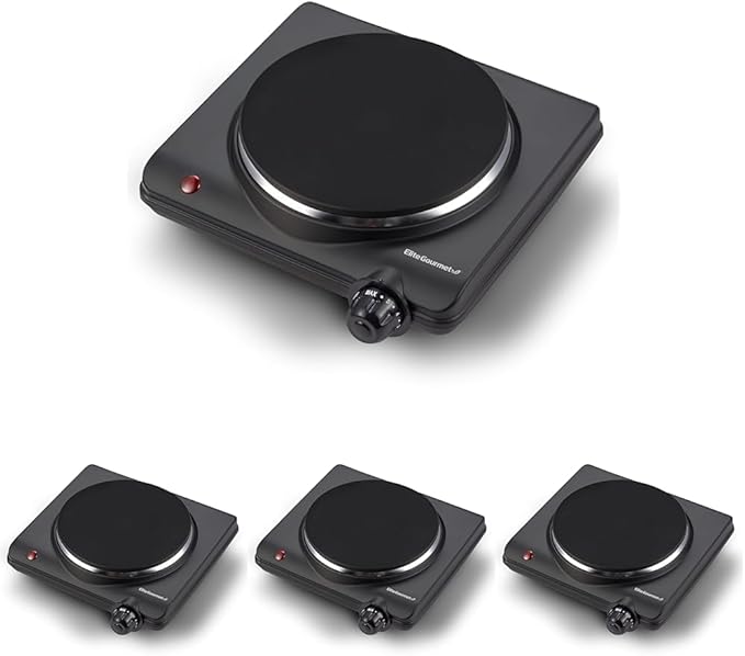 Elite Gourmet ESB-301BF# Countertop Single Cast Iron Burner,1000 Watts Electric Hot Plate,Temperature Controls,Power Indicator Lights,Easy to Clean,Black,(Pack of 4)