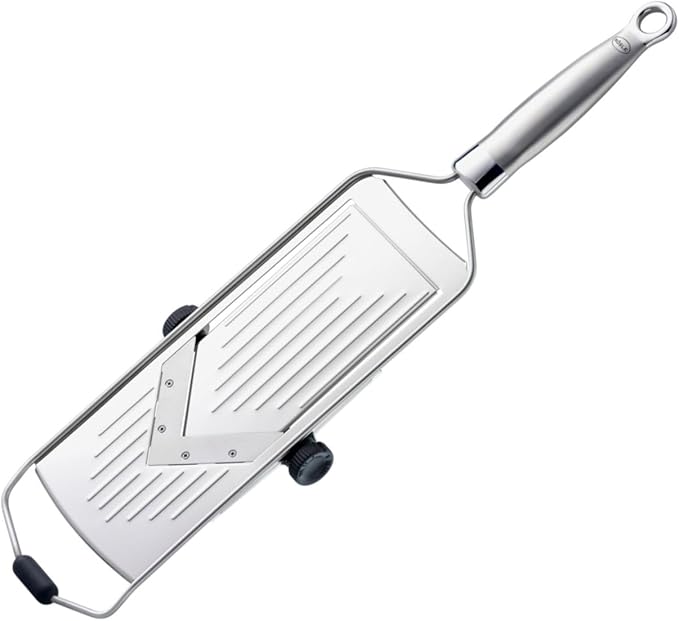 RÖSLE Supercut Slicer, V-Shaped Mandolin Slicer, 18/10 Stainless Steel Kitchen Utensil with 5 Cutting Thicknesses, Silicone Foot and Protective Cover for Vegetables or Fruits - 46cm