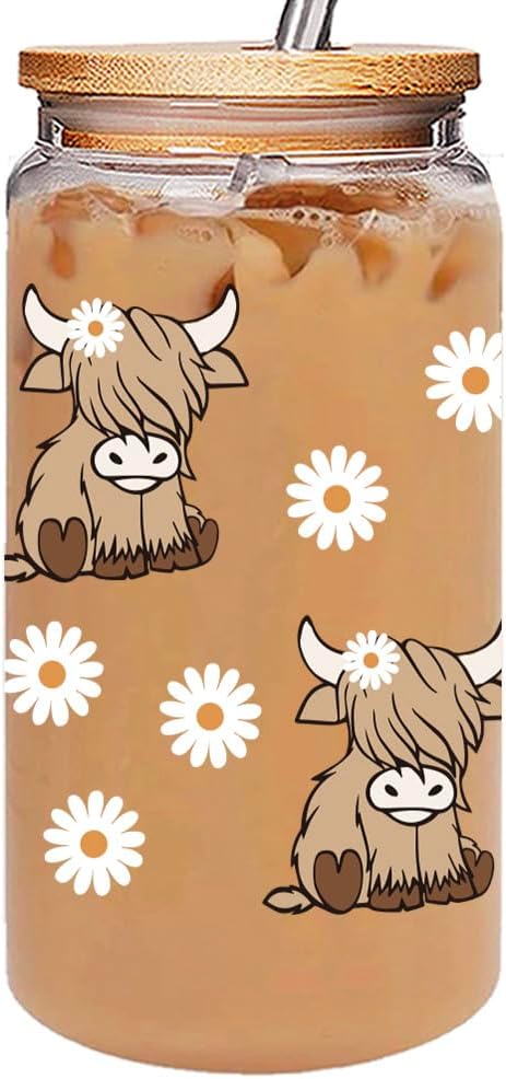 Highland Cow Cup Gifts for Women, Cute Cows Themed Stuff 16 oz Glass Cups with Lids and Straws, Highland Cow Christmas Birthday Gifts for Coffee Lovers, Women, Cowgirls, Girls, Mom-5
